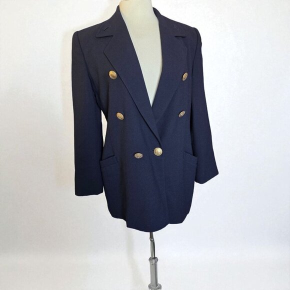 Linda Allard Ellen Tracy Blazer Women’s 8 Navy Wool Double Breasted Gold - Picture 1 of 16